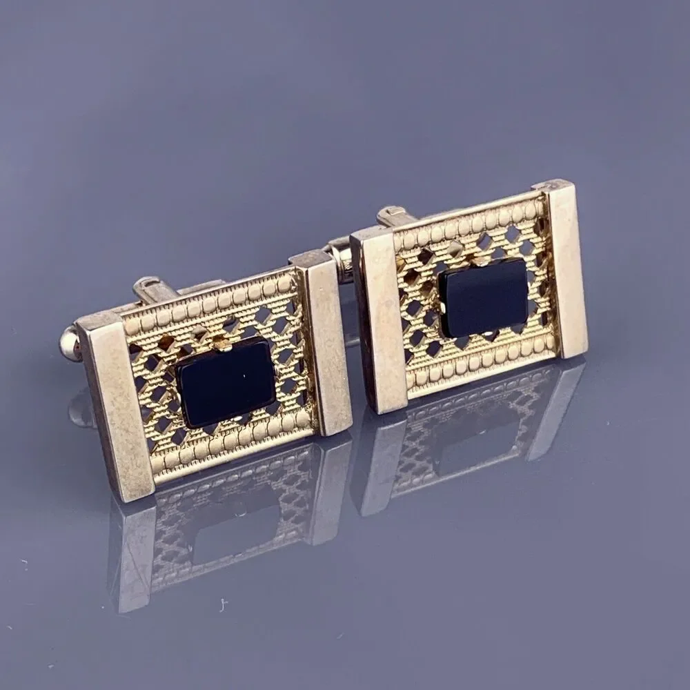 Black Obsidian Lattice Cufflinks Gold Plated Modernist Rectangle Dante Vintage